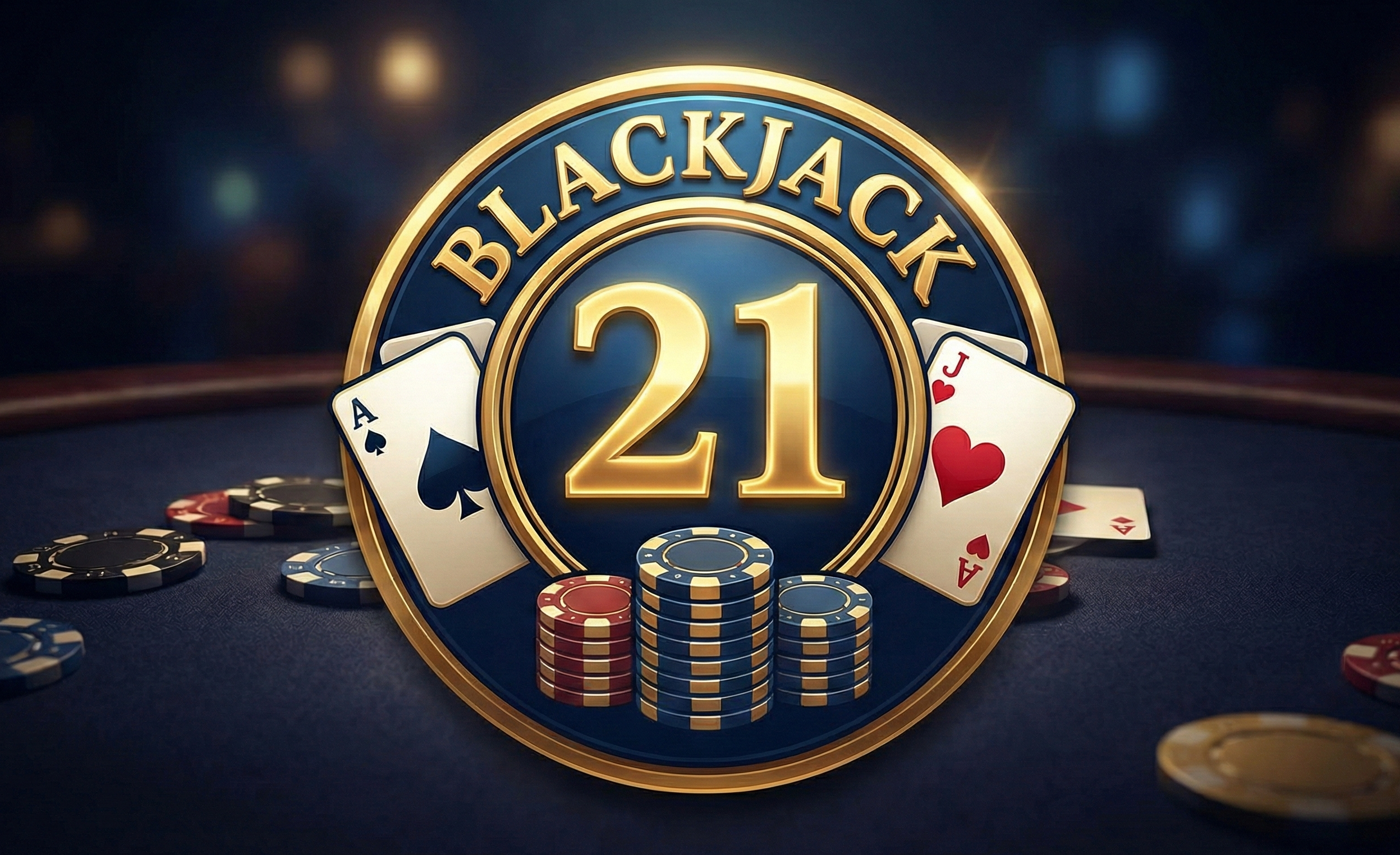 Logo for a blackjack game featuring three cards and three casino chips